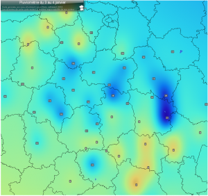 Pluviométrie entre 17h le 3 Janvier et 17h le 4 Janvier 2012 sur les régions Centre et Centrales