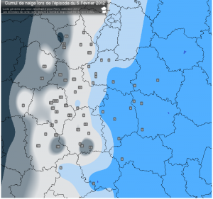 Carte des cumuls de neige lors de l'épisode du 05 Février 2012 dans les régions Centre et Centrales
