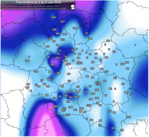 Carte des cumuls de pluie dans les régions Centre et Centrales entre le 6 et 7 Juin 2012