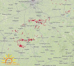 Carte des impacts de foudre du 12 mai 2014 - Régions Centre et Centrales