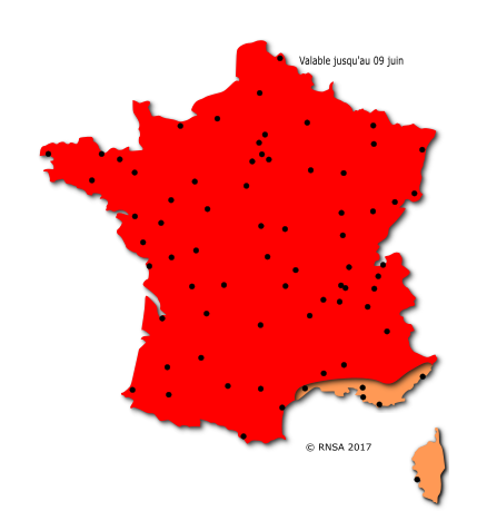 Cartes des risques allergiques liés au pollen de graminées dans les régions Centre et Centrales - France