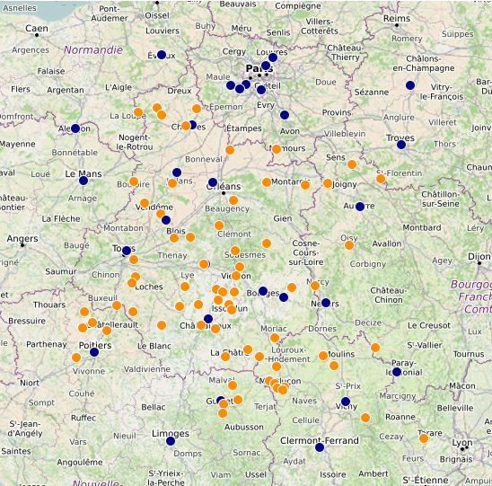 Carte du réseau de stations météorologiques de l'association Météo Centre