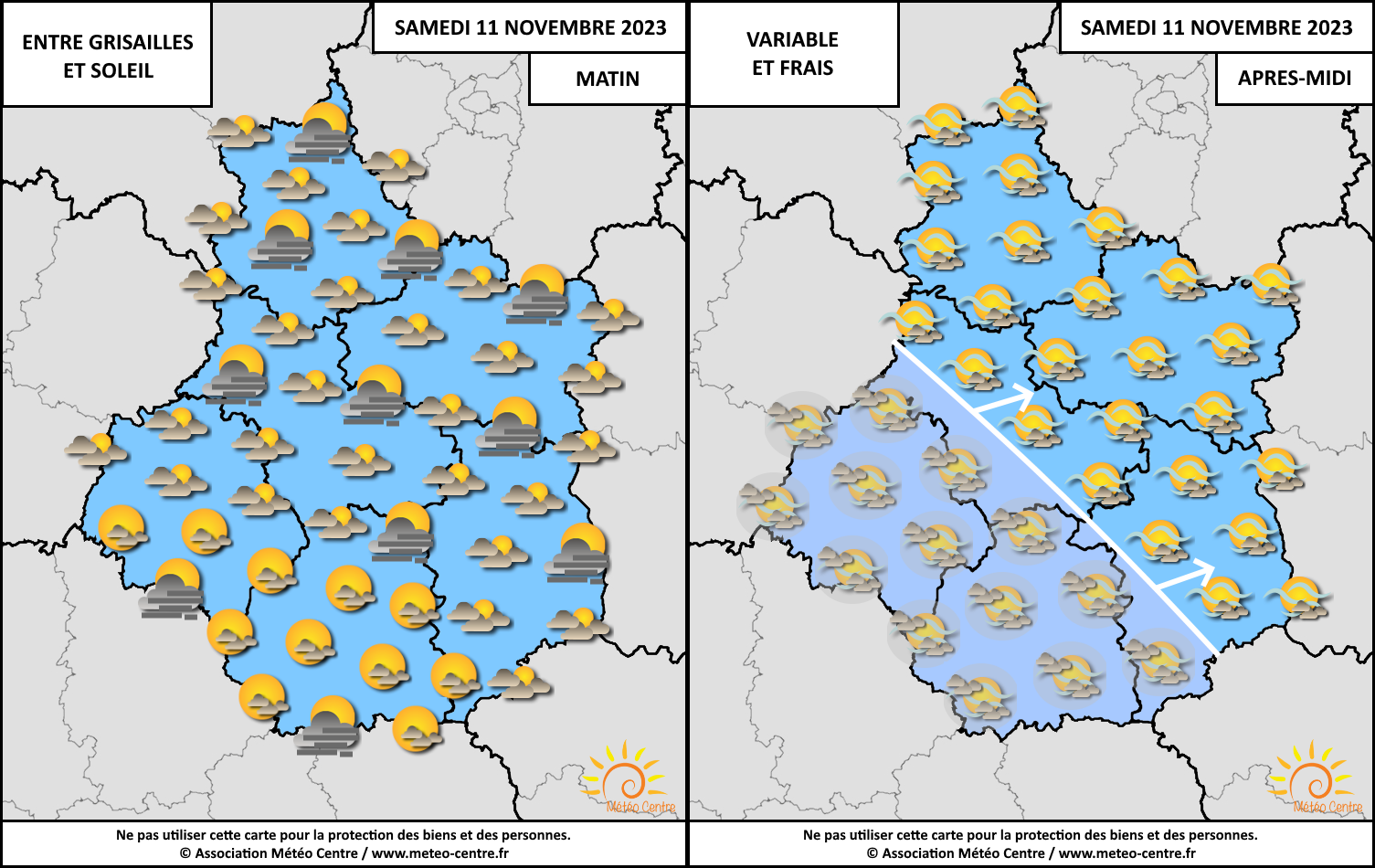 Conditions météo prévues entre la matinée et le milieu / la fin soirée du samedi 11 novembre 2023, sur le Centre - Val de Loire (copyright : Association Météo Centre).