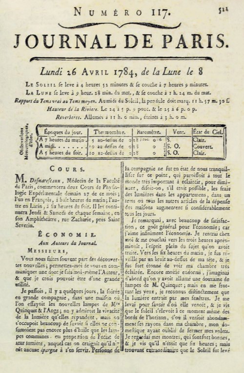 Lettre de Franklin dans le Journal de Paris du 26 avril 1784