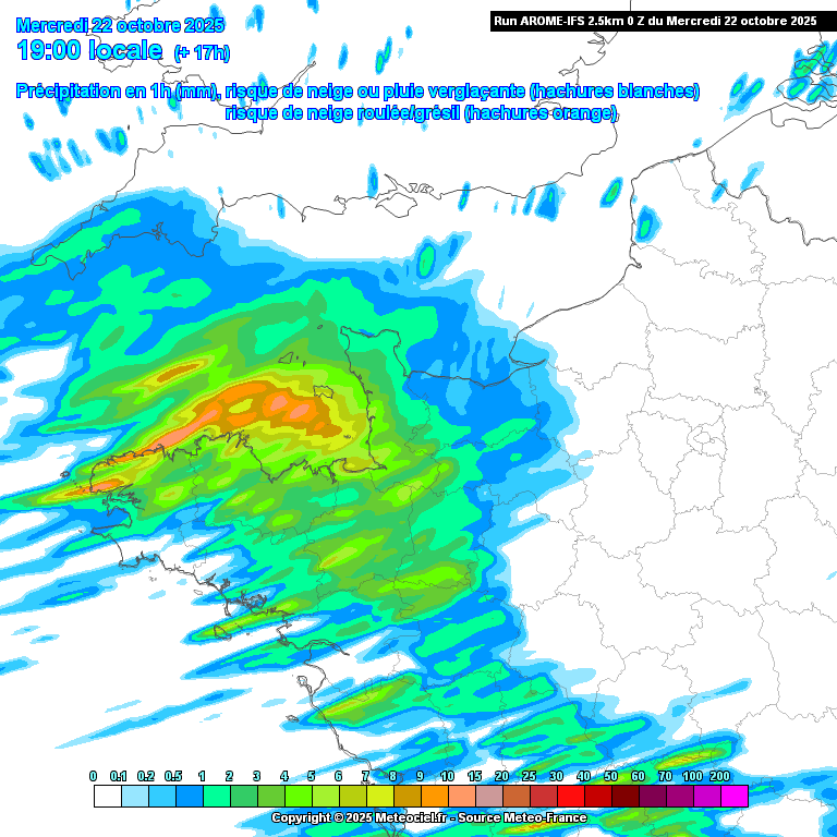 Précipitations prévues entre ce mercredi 18h et jeudi 5h, par le modèle AROME-IFS, sur le nord-ouest de la France (copyright : https://www.meteociel.fr/)