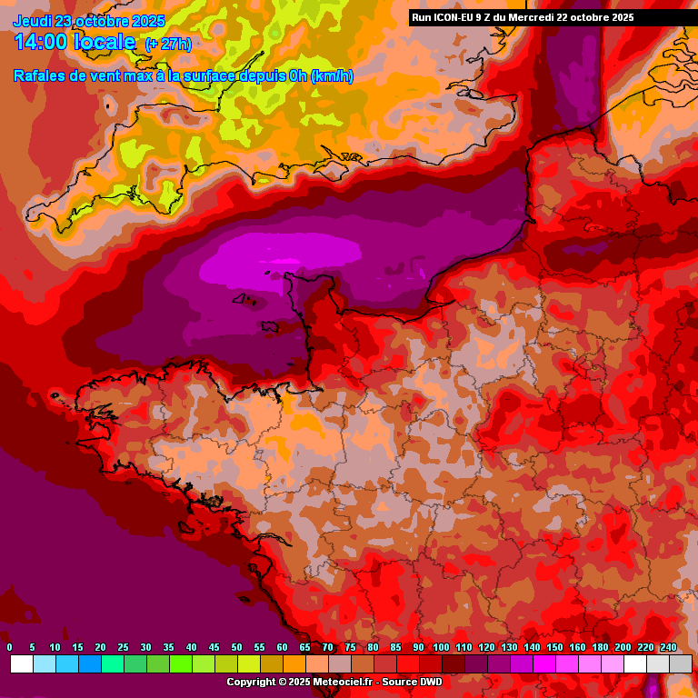 Rafales de vent maximales prévues entre ce mercredi 22 octobre 15h et jeudi 23 octobre 14h, par le modèle ICON-EU, sur le Nord-Ouest de la France (copyright : https://www.meteociel.fr/)