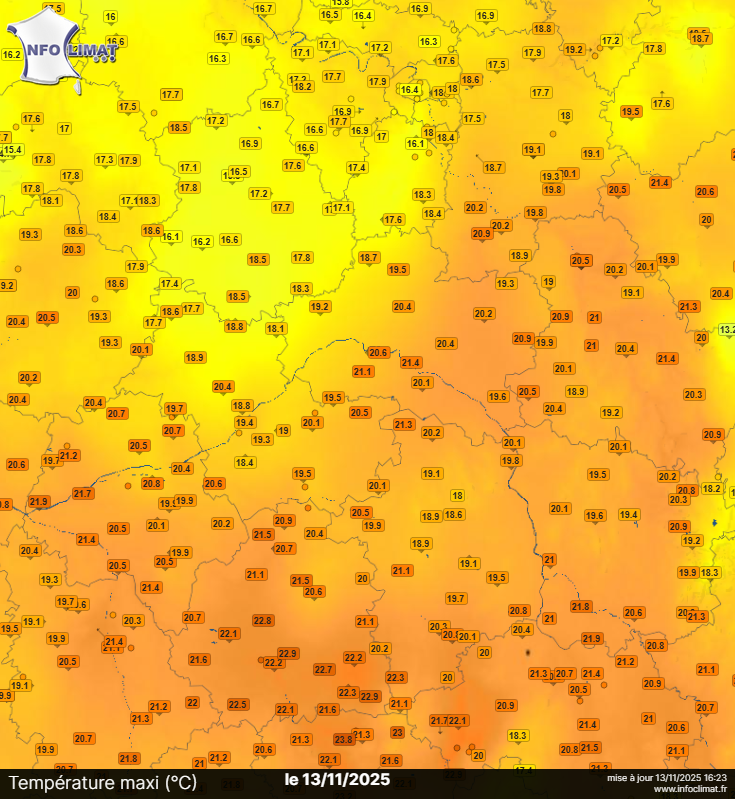 Carte des températures maximales du 13 novembre 2025 - région Centre - Val de Loire
