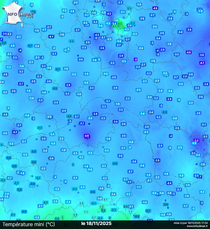 Cartes des températures minimales et des gelées du 18 novembre 2025