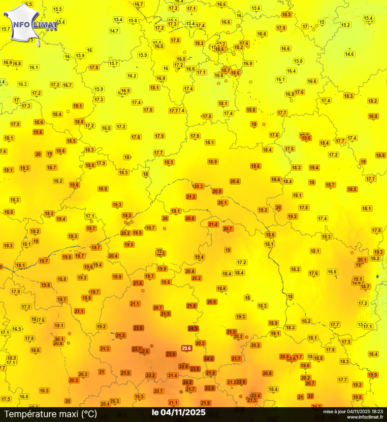 Températures maximales dans le Centre - Val de Loire le 4 novembre 2025 - Source : Infoclimat.fr