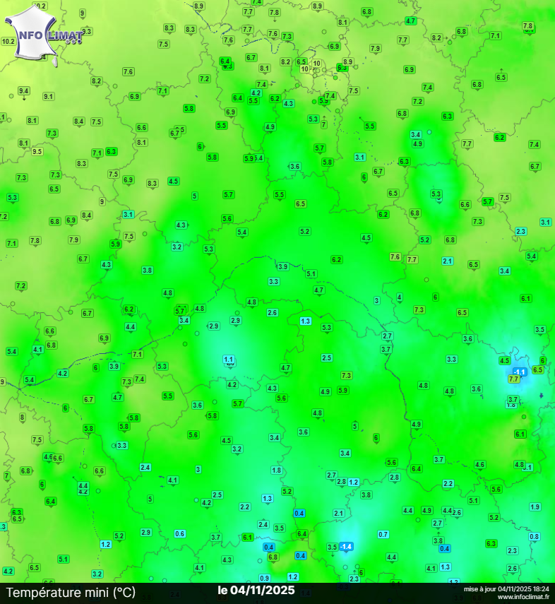 Températures minimales dans le Centre - Val de Loire le 4 novembre 2025