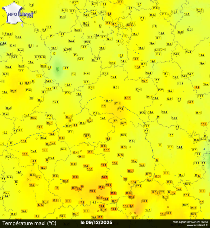 Températures maximales dans le Centre - Val de Loire le 9 décembre 2025 - Source : Infoclimat.fr