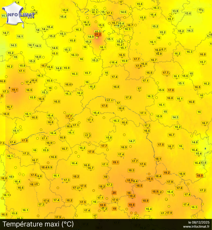 Températures maximales dans le Centre - Val de Loire le 8 décembre 2025 - Source : Infoclimat.fr