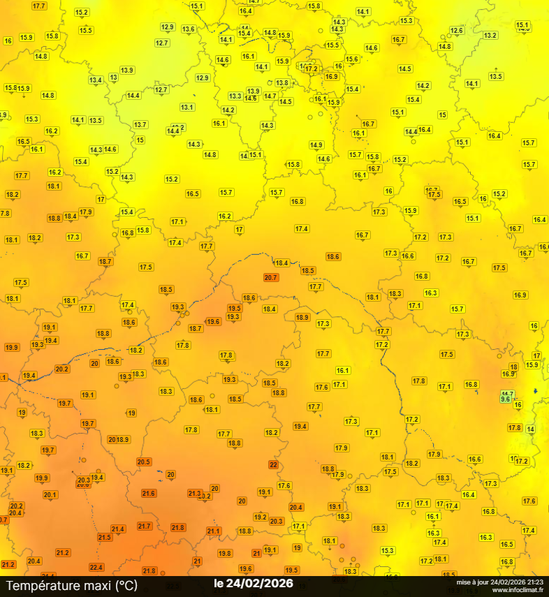 Carte des maximas relevés lors de la journée du mardi 24 février 2026 dans le Centre - Val de Loire