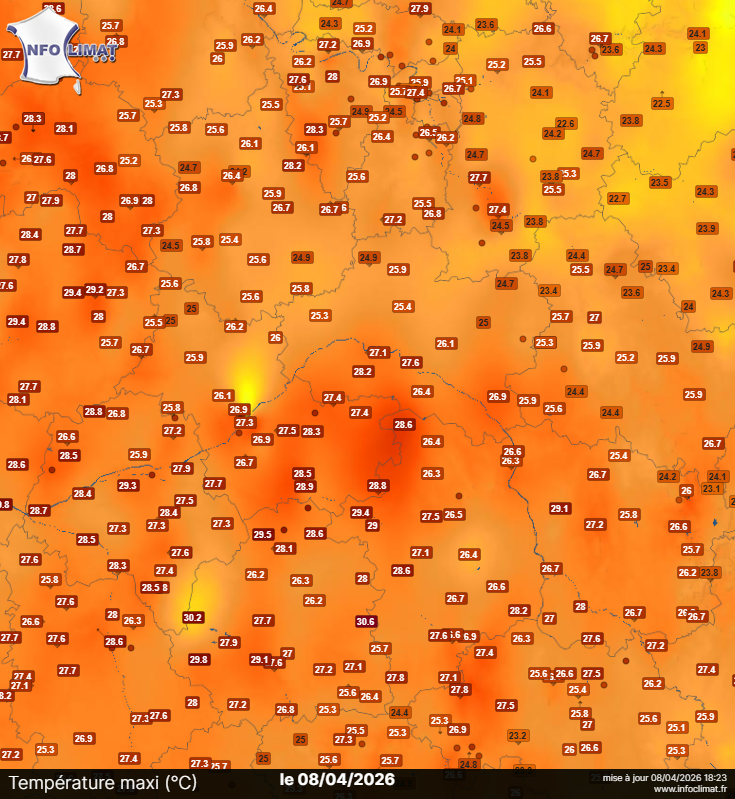 Carte des maximas relevés lors de la journée du mercredi 8 avril 2026 dans le Centre - Val de Loire