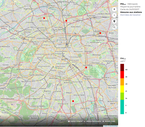 Fig.5, Carte de la qualité de l’air à Paris le 24 janvier 2017, Prev’air