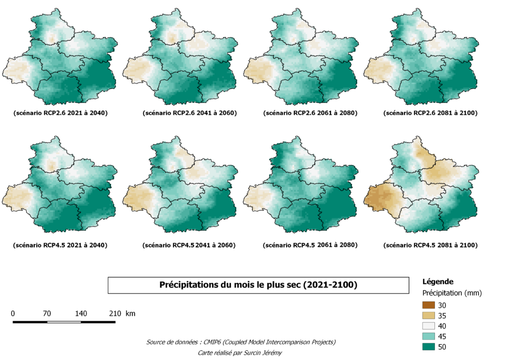 Carte 3 : Prévision des précipitations pour le mois le plus sec sur la région Centre-Val de Loire pour les scénarios RCP2.6 et RCP4.5