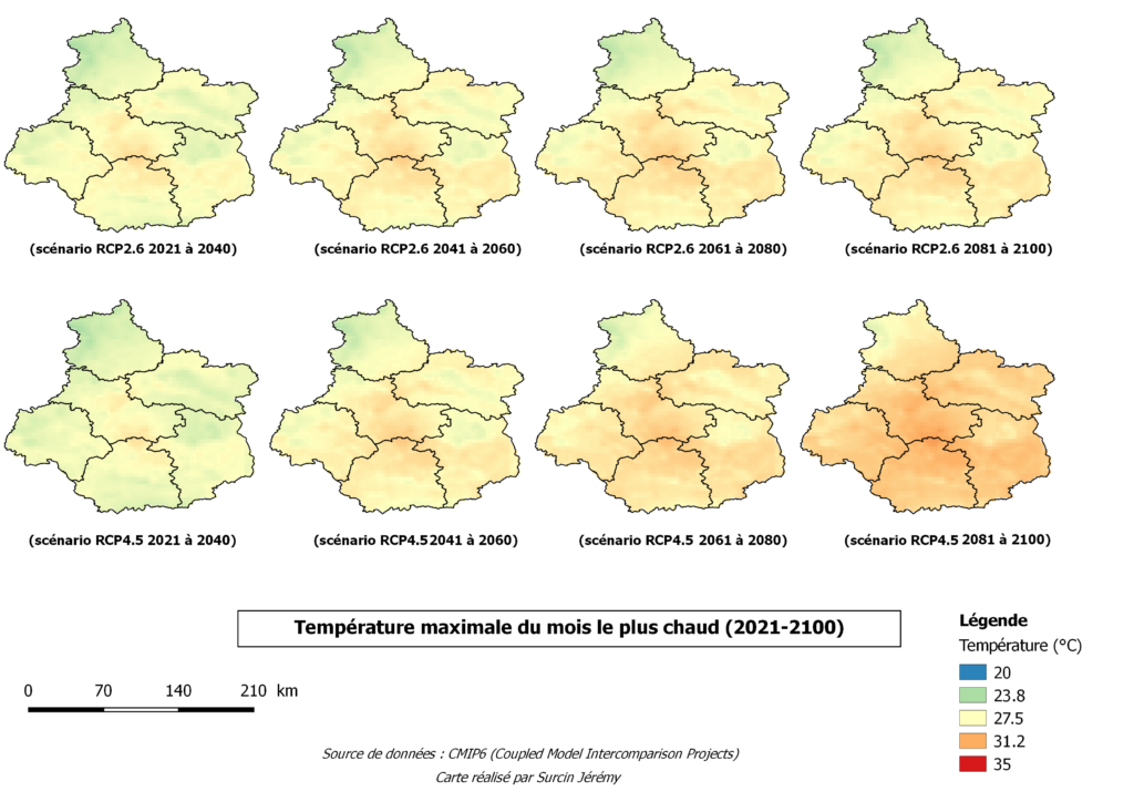 Carte 1 : Prévision de la température maximale pour le mois le plus chaud sur la région Centre-Val de Loire pour les scénarios RCP2.6 et RCP4.5