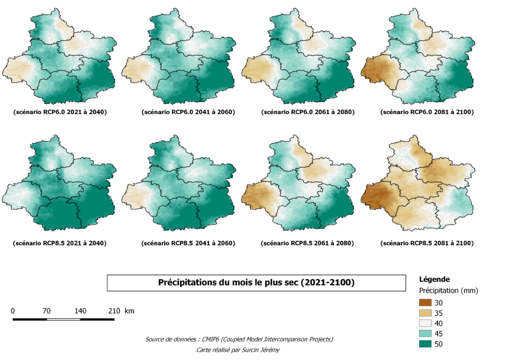 Carte 4 : Prévision des précipitations pour le mois le plus sec sur la région Centre-Val de Loire pour les scénarios RCP6.0 et RCP8.5