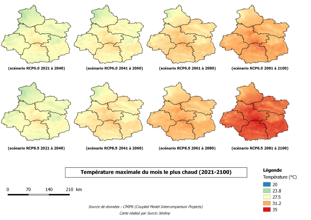 Carte 2 : Prévision de la température maximale pour le mois le plus chaud sur la région Centre-Val de Loire pour les scénarios RCP6.0 et RCP8.5