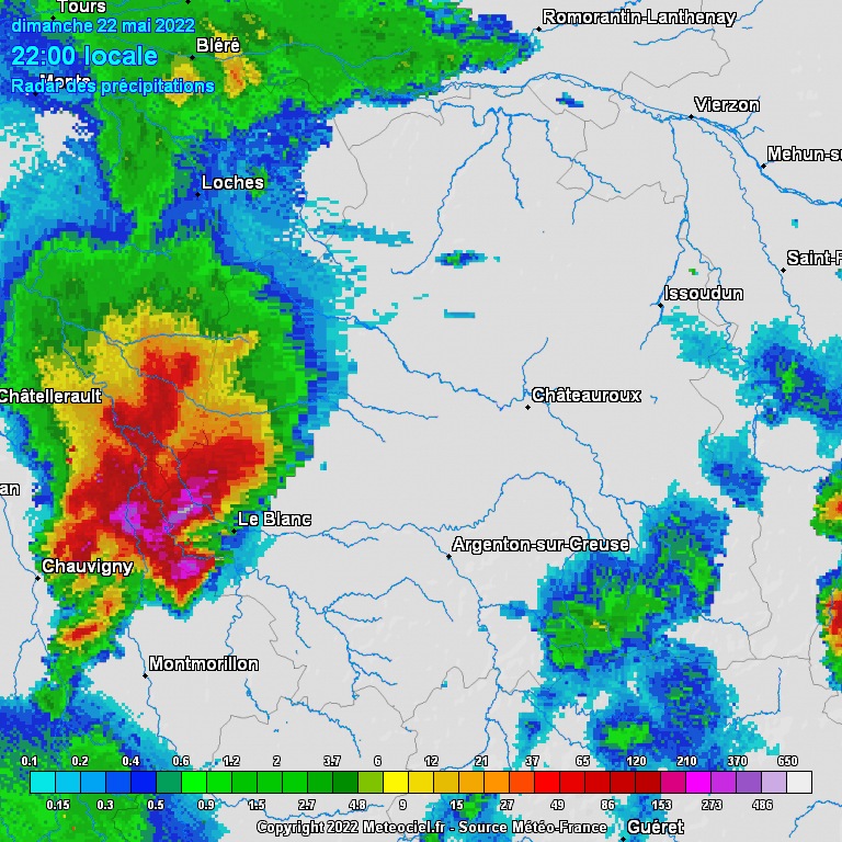 Radar précipitations du 22 mai 2022, de 22h à 00h (copyright : Météo France via meteociel.fr).