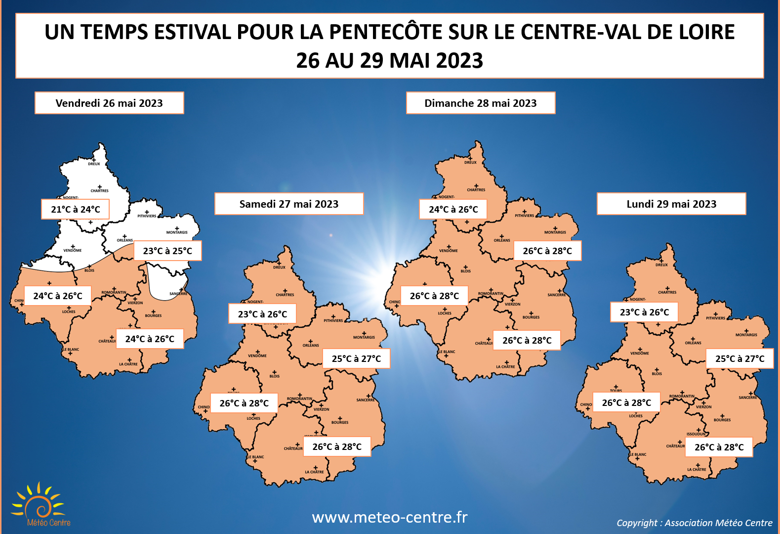Températures maximales prévues du 26 au 29 mai 2023 sur le Centre - Val de Loire (copyright : Association Météo Centre).