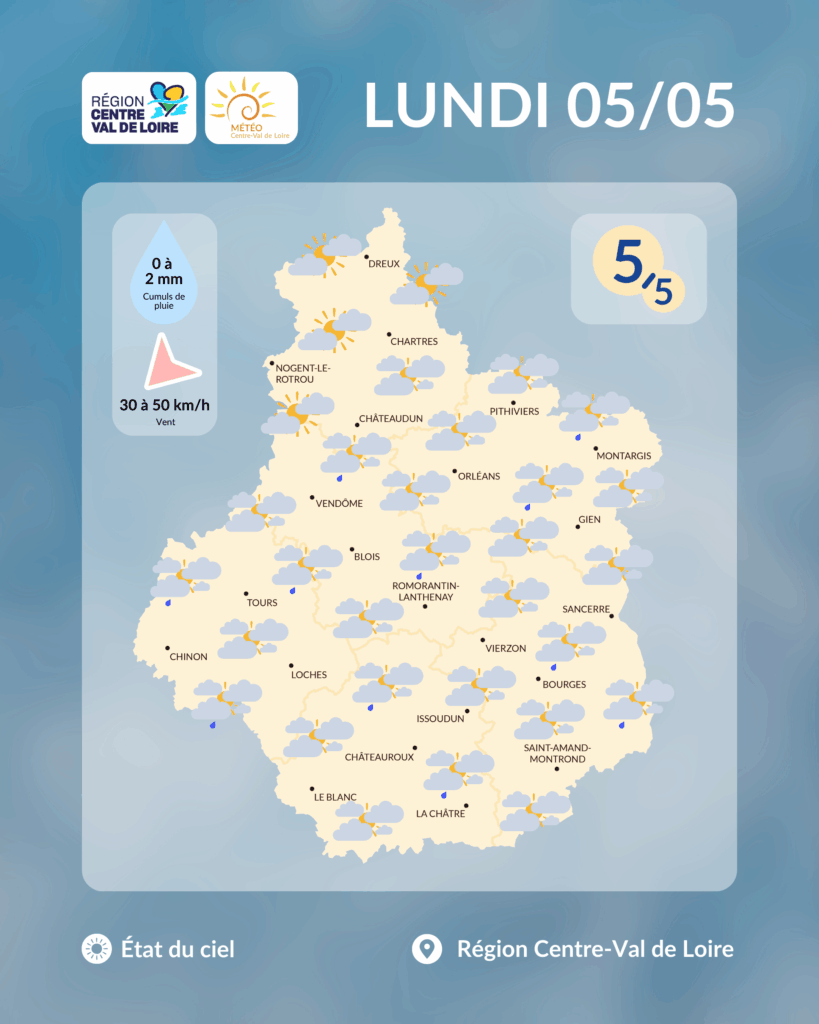 Etat du ciel en région Centre - Val de Loire prévu dans l'après-midi de ce lundi 5 mai 2025 (copyright : Association Météo Centre - Val de Loire).