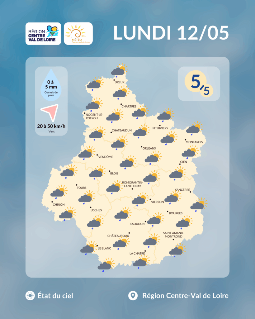 Etat du ciel en région Centre - Val de Loire prévu dans l'après-midi de ce lundi 12 mai 2025 (copyright : Association Météo Centre - Val de Loire).