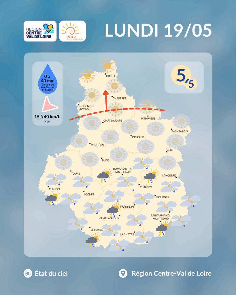 Etat du ciel en région Centre - Val de Loire prévu dans l'après-midi de ce lundi 19 mai 2025 (copyright : Association Météo Centre - Val de Loire).