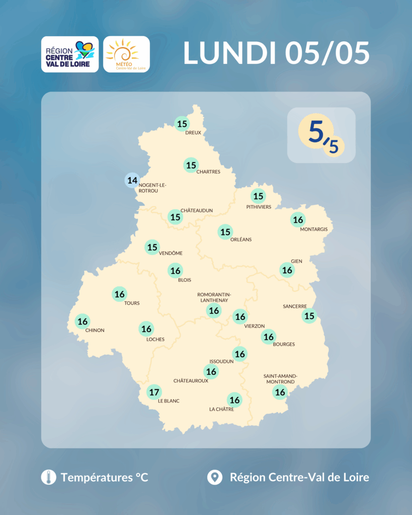 Températures maximales en région Centre - Val de Loire prévues dans l'après-midi de ce lundi 5 mai 2025 (copyright : Association Météo Centre - Val de Loire).