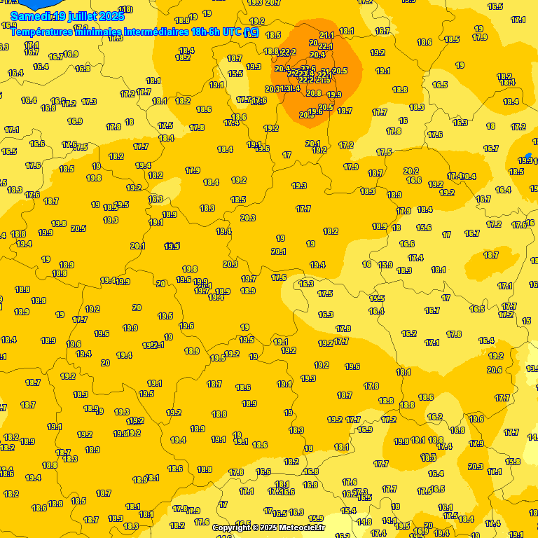Carte des températures minimales de la nuit du 18 au 19 juillet 2025 dans la région Centre - Val de Loire