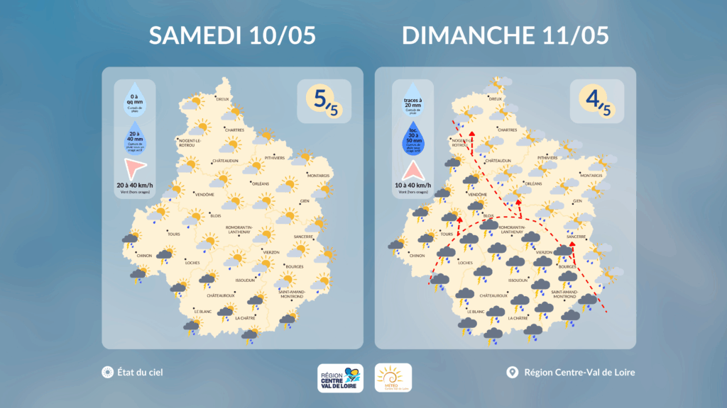 Etat du ciel en région Centre - Val de Loire prévu dans l'après-midi de ce samedi 10 et ce dimanche 11 mai 2025 (copyright : Association Météo Centre - Val de Loire).