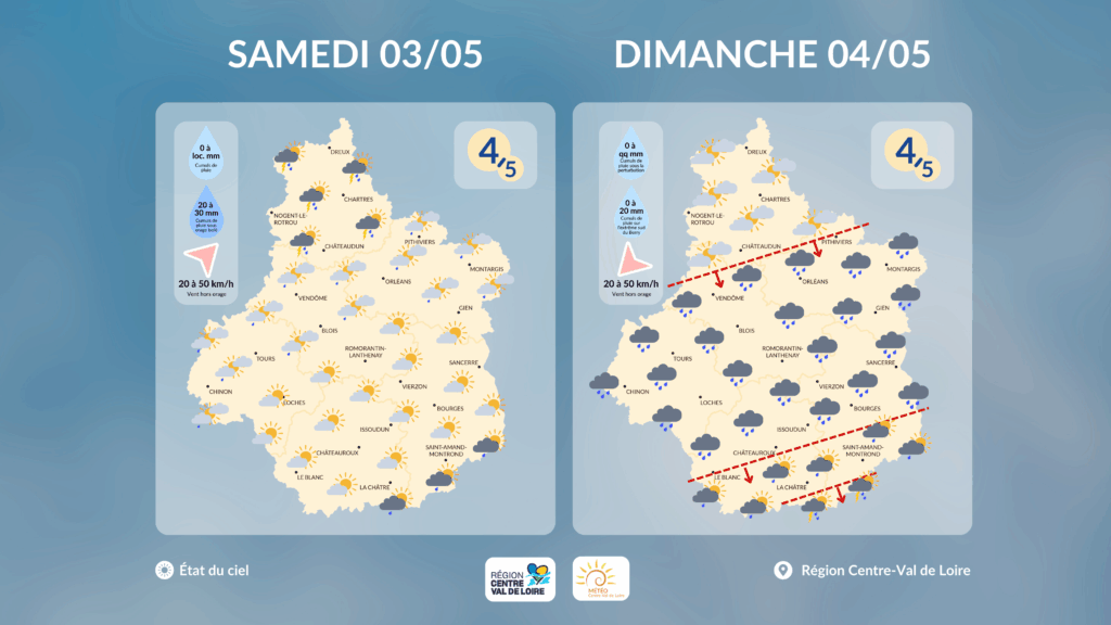 Etat du ciel en région Centre - Val de Loire prévu dans l'après-midi de ce samedi 3 et ce dimanche 4 mai 2025 (copyright : Association Météo Centre - Val de Loire).