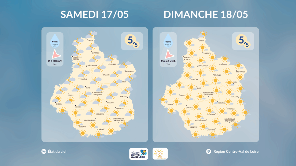 Etat du ciel en région Centre - Val de Loire prévu dans l'après-midi de ce samedi 17 et ce dimanche 18 mai 2025 (copyright : Association Météo Centre - Val de Loire).