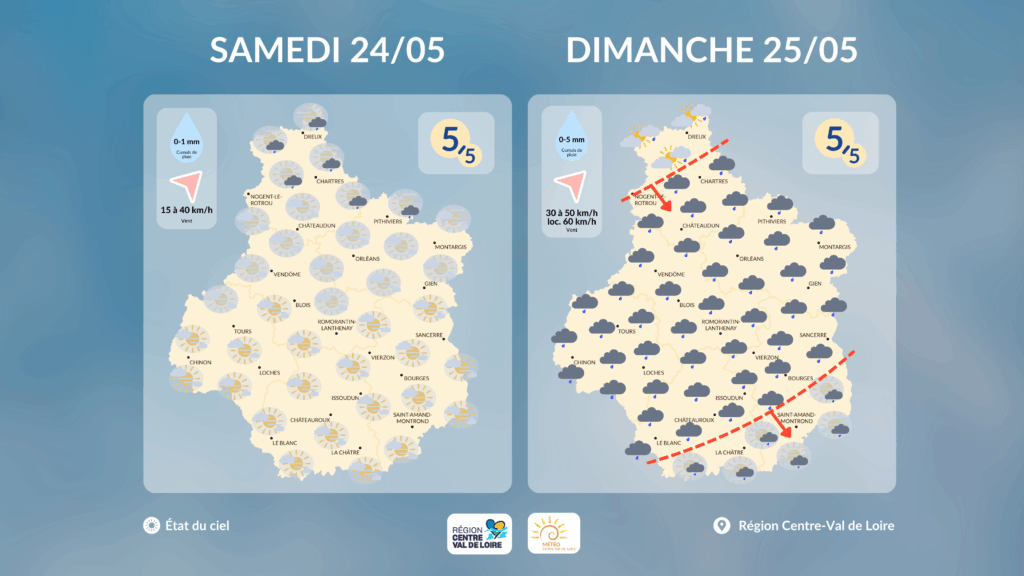 Etat du ciel en région Centre - Val de Loire prévu dans l'après-midi de ce samedi 24 et ce dimanche 25 mai 2025 (copyright : Association Météo Centre - Val de Loire).