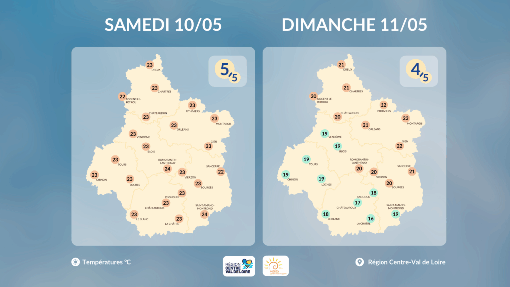 Températures maximales en région Centre - Val de Loire prévues dans l'après-midi de ce samedi 10 et ce dimanche 11 mai 2025 (copyright : Association Météo Centre - Val de Loire).