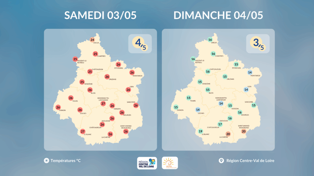 Températures maximales en région Centre - Val de Loire prévues dans l'après-midi de ce samedi 3 et ce dimanche 4 mai 2025 (copyright : Association Météo Centre - Val de Loire).