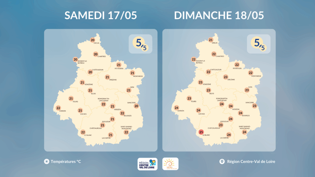 Températures maximales en région Centre - Val de Loire prévues dans l'après-midi de ce samedi 17 et ce dimanche 18 mai 2025 (copyright : Association Météo Centre - Val de Loire).
