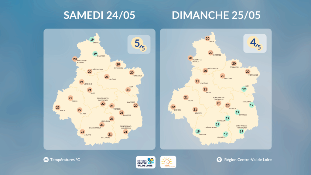 Températures maximales en région Centre - Val de Loire prévues dans l'après-midi de ce samedi 24 et ce dimanche 25 mai 2025 (copyright : Association Météo Centre - Val de Loire).