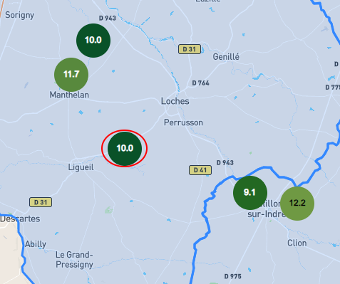 Localisation de la station du Ciran (37) dans la région et le réseau de l'association Météo Centre