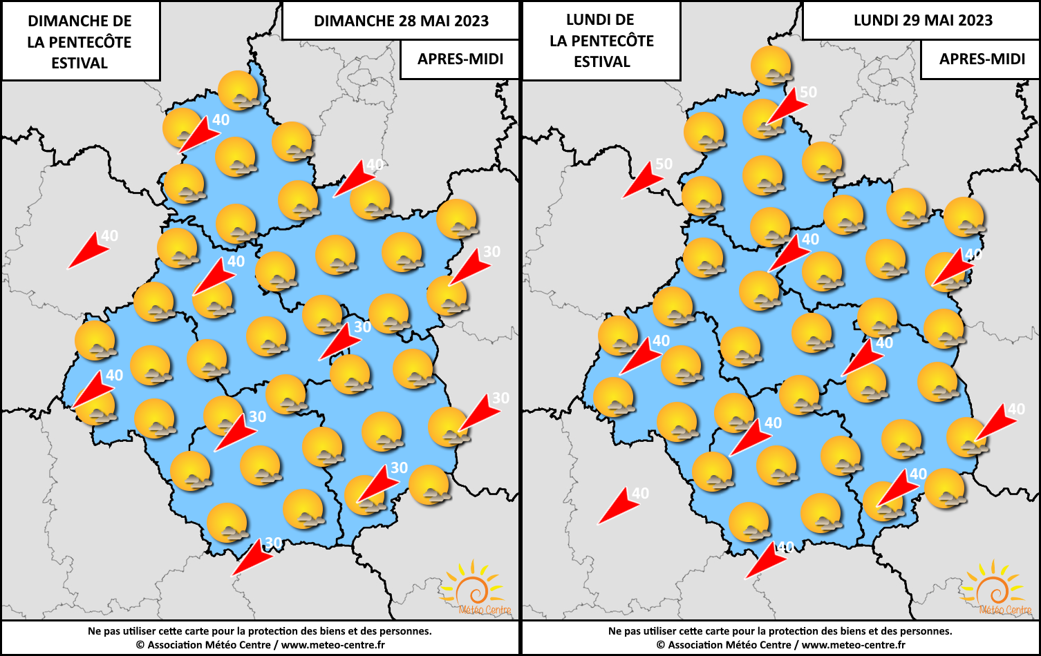 Conditions météo prévues ces dimanche 28 et lundi 29 mai 2023 sur le Centre - Val de Loire (copyright : Association Météo Centre).