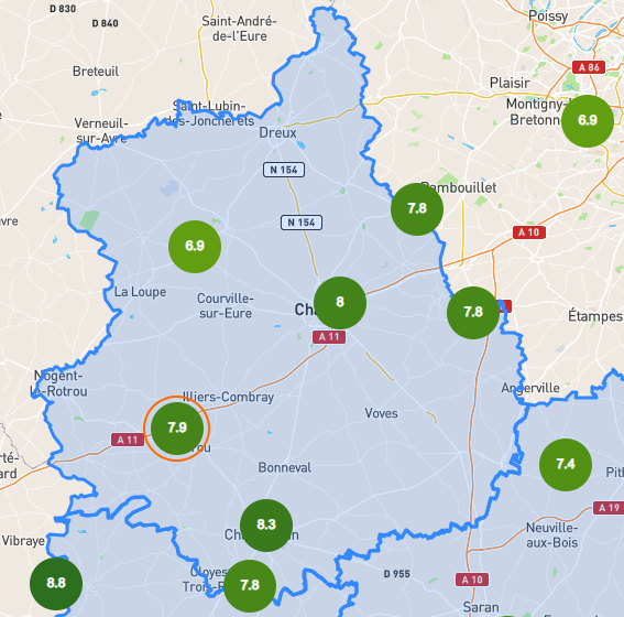 Carte du réseau de station météo centre dans l'Eure-et-loir (28) - Octobre 2023
