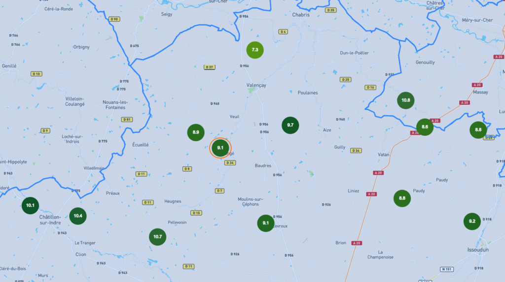 Carte du réseau de station météo centre dans le Nord de l'Indre (36) - Octobre 2023