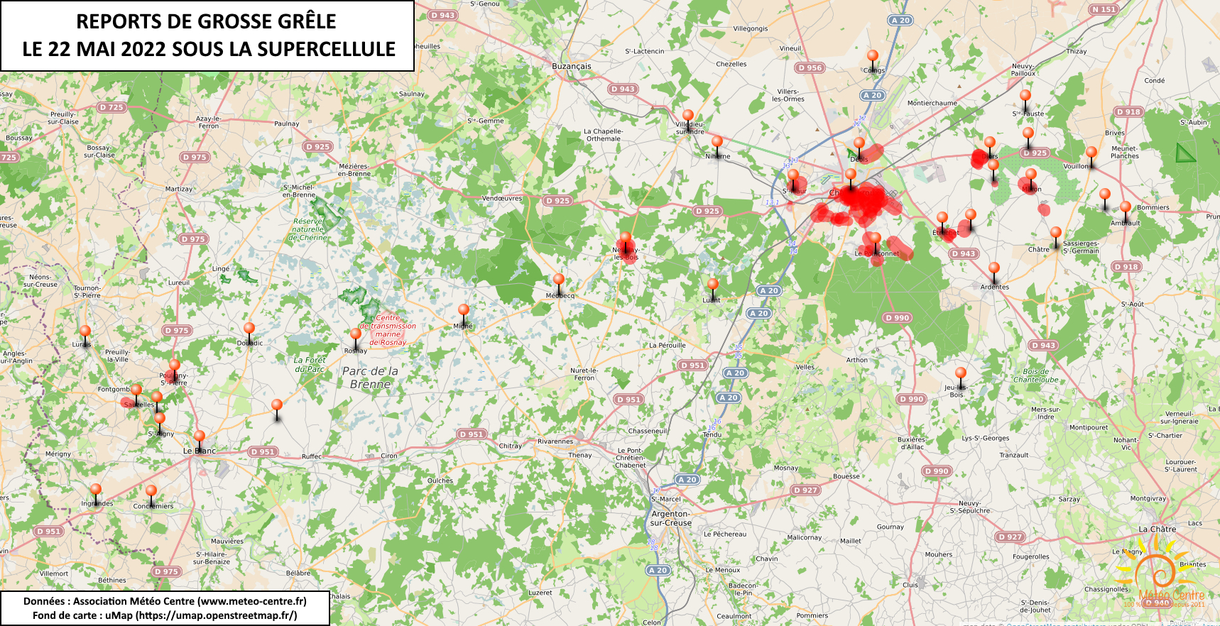 Reports de grosse grêle dans la nuit du 22 au 23 mai 2022, dans l'Indre (copyright : Association Météo Centre).