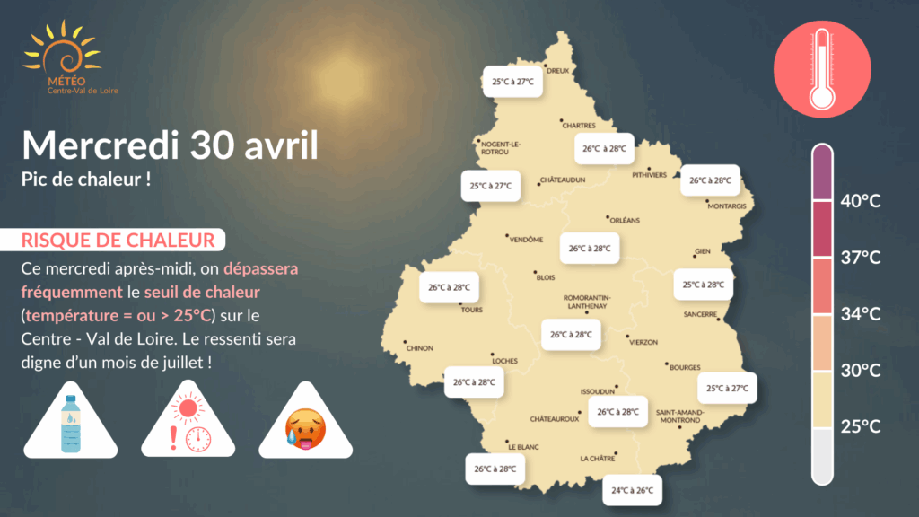 Carte risque chaleur du 30 avril 2025 (copyright : Association Météo Centre - Val de Loire). Cliquer sur l'image pour l'agrandir.