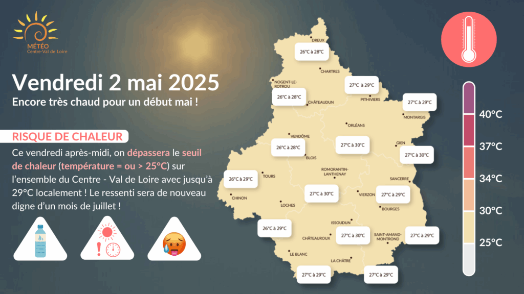 Carte risque chaleur du 2 mai 2025 (copyright : Association Météo Centre - Val de Loire). Cliquer sur l'image pour l'agrandir.