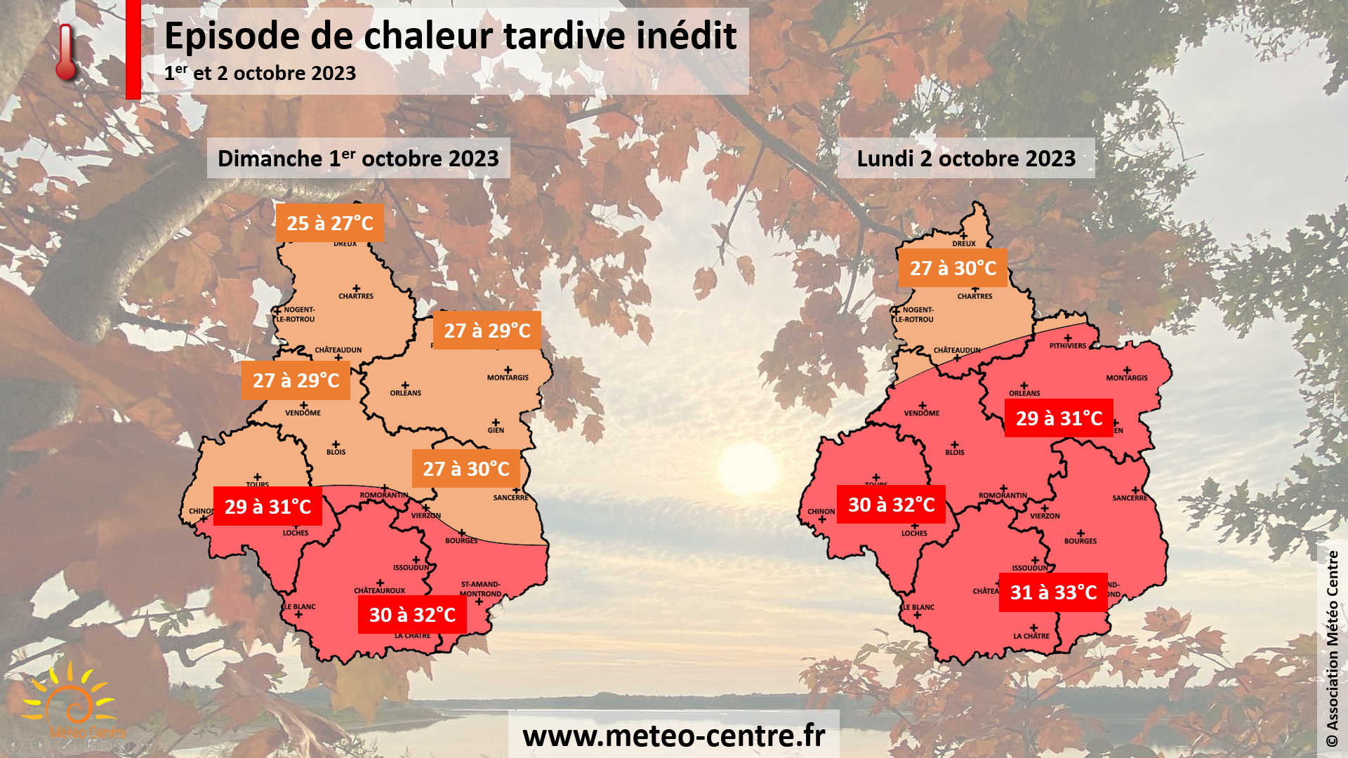 Températures maximales prévues sur le Centre - Val de Loire les dimanche 1er et lundi 2 octobre 2023 (copyright : Association Météo Centre).