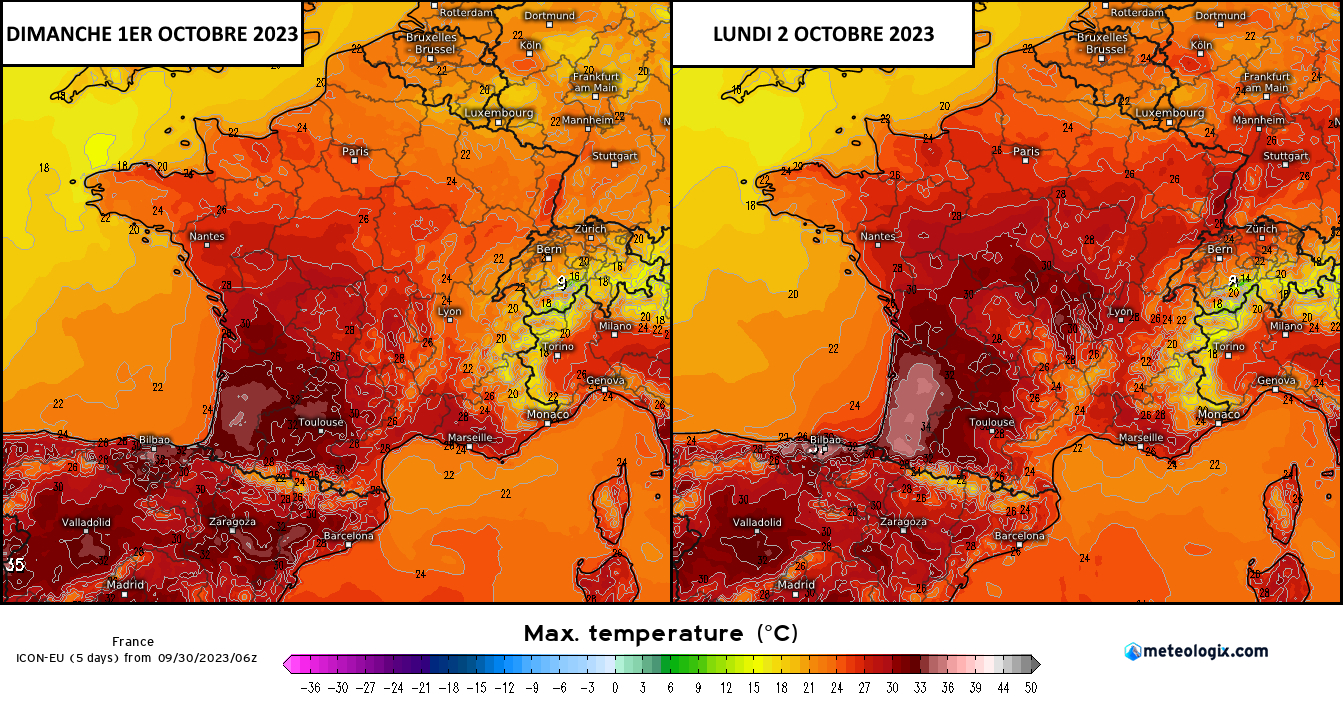 Estimation des températures maximales prévues les 1er et 2 octobre 2023 en France par le modèle ICON-EU (copyright : Météologix).