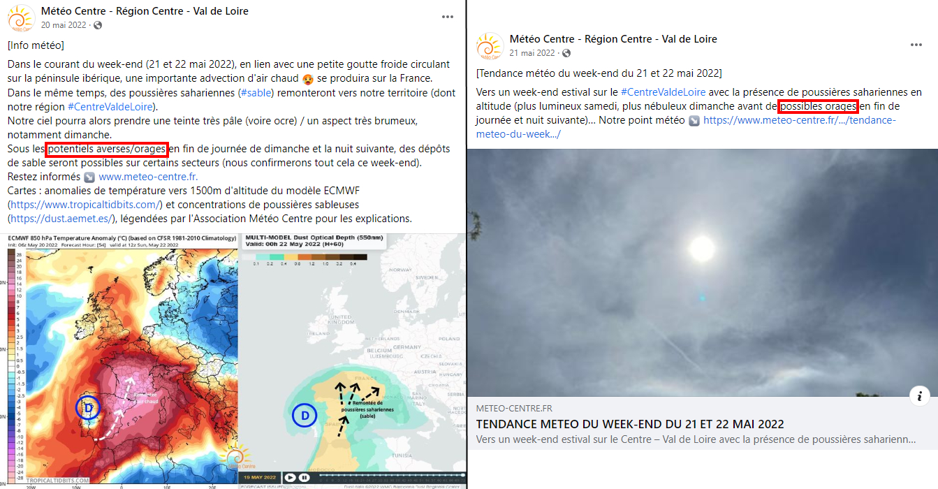 Captures d'écran des publications sur un point météo technique et sur la tendance météo du week-end du 21 et 22 mai 2023 (copyright : Association Météo Centre).