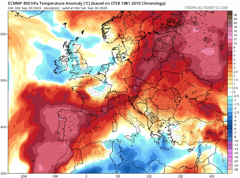 Anomalie des températures vers 1500m d'altitude prévues entre les 30 septembre et le 3 octobre 2023, d'après le modèle modèle ECMWF (copyright : https://www.tropicaltidbits.com/). Bleu = anomalies fraîches/froides, rouge = anomalies douces/chaudes.