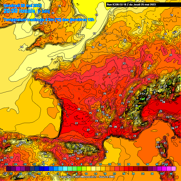 Animation des températures maximales prévues les vendredi 26, samedi 27, dimanche 28 et lundi 29 mai 2023 (copyright : modèle ICON-EU via Météociel).